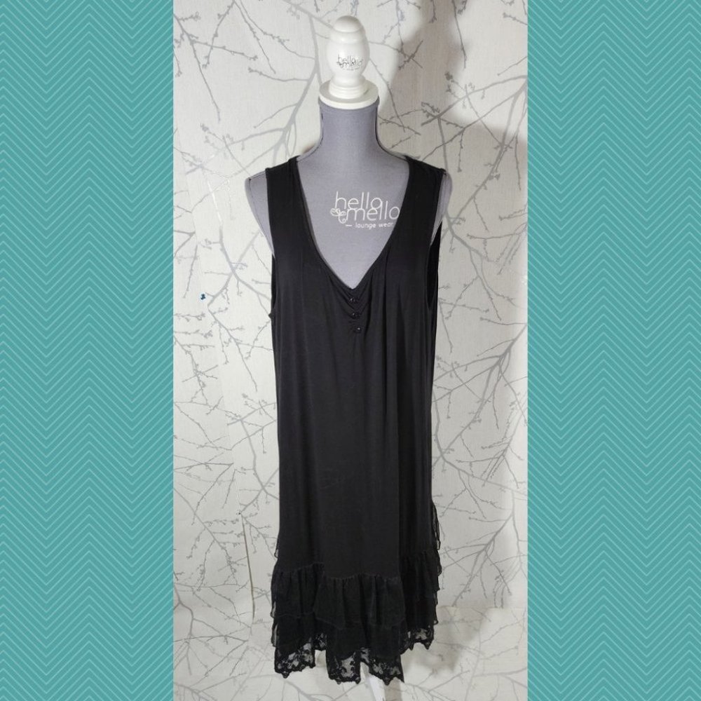 Mellem Black V-Neck Tiered Lace Hem Midi Shift Dress Whimsigoth Fairy Grunge